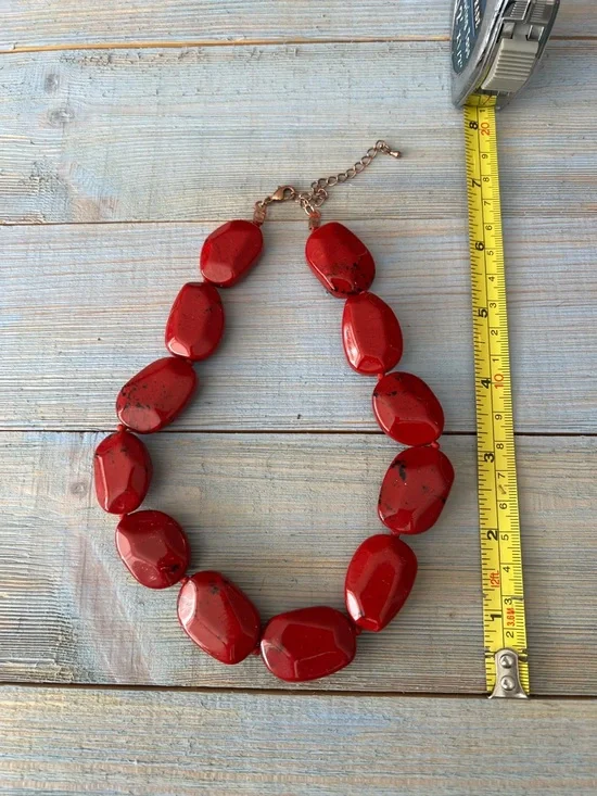 3pc Spring Necklace Set Red Choker, Green Seed Bead, Long Gold Multicolor Layers - Picture 4 of 13